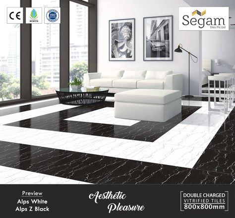 Aesthetic Pleasure with #ALPS z Black & white Combination 800x800mm Double Charged Vitrified Tiles.  #segamtiles #VitrifiedCollection #HighQuality #HighStrength Tiles Colour Combination, Gold Marble Floor, Tiles For Living Room Floor, Iving Room Ideas, Tan Furniture, Room Tiles Design, White Living Room Decor, Grey Floor Tiles, Black And White Living Room