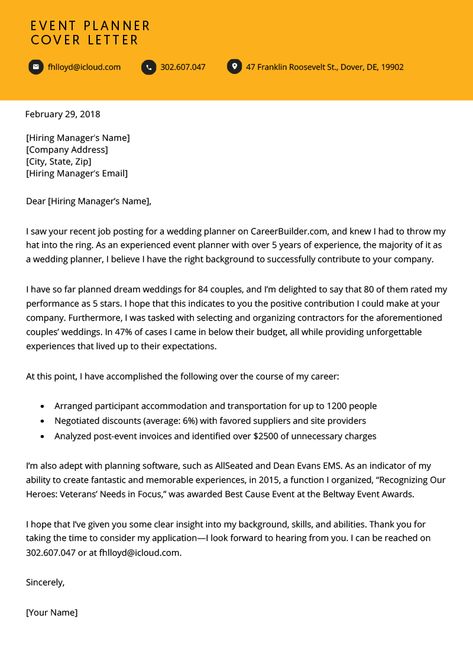 Event Planner Cover Letter Sample | Resume Genius Resume Hacks, Event Planner Template, Event Planner Resume, Cover Letter Example Templates, Osho Books, Motivation Letter, Motivational Letter, Engineer Resume, Adulting 101