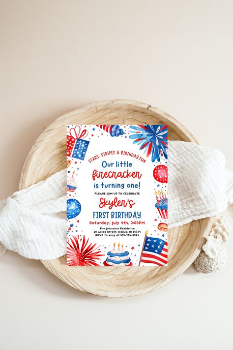 Editable Little Firecracker 1st Birthday Invitation, 4th of July Birthday Invitation, Stars & Stripes Patriotic Birthday Invitation LF1 Firecracker Birthday, Patriotic Birthday, 4th Of July Birthday, Blue Birthday Parties, 1st Birthday Invitation, July Birthday, Blue Birthday, 1st Birthday Invitations, Boy Birthday Party