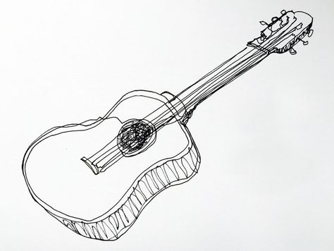 Continuous line drawing of a guitar Gutair Drawing, Cute Guitar Drawing, Guitar Drawing Art, Simple Guitar Drawing, Guitar Sketch Aesthetic, Guitar Line Drawing, Guitar Illustration Drawing, Music Themed Tattoos, Guitar Drawing Acoustic