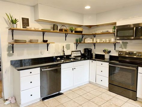 Open Shelving With Soffit, Open Kitchen Shelves With Soffit, Open Cupboards Kitchen, Open Kitchen Cabinets Ideas, Kitchen With Shelves, Kitchen With Open Shelves, Modern Cottage Kitchen, Open Kitchen Cabinets, Kitchen Soffit