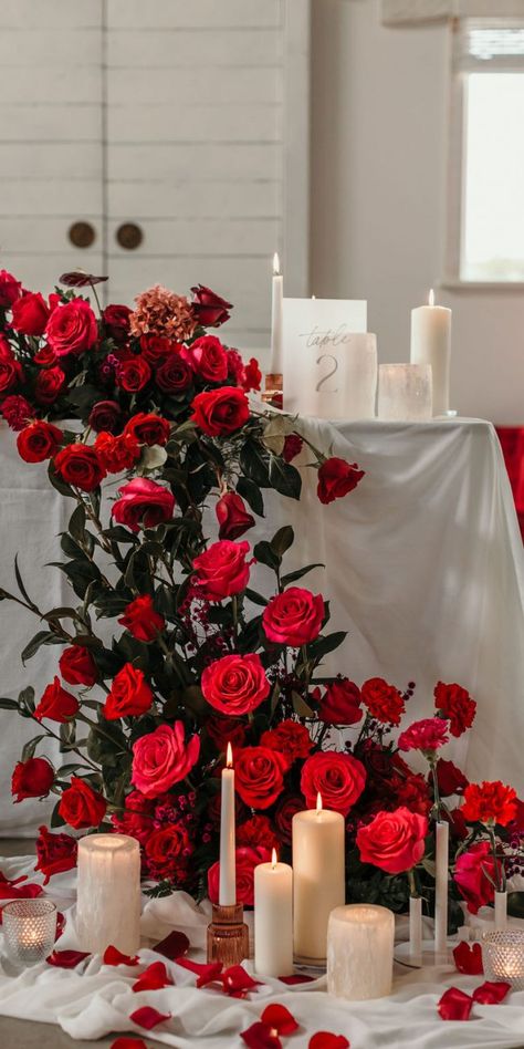 From This Day | Language of Flowers Red Roses Sweetheart Table, Red Roses Valentines Day, Red Rose Arrangements Floral Design, Red Roses Wedding Reception, Red Rose Wedding Decor, Red Roses Decor, Red Rose Centerpiece Wedding, Red Rose Wedding Theme, Red Flowers Wedding