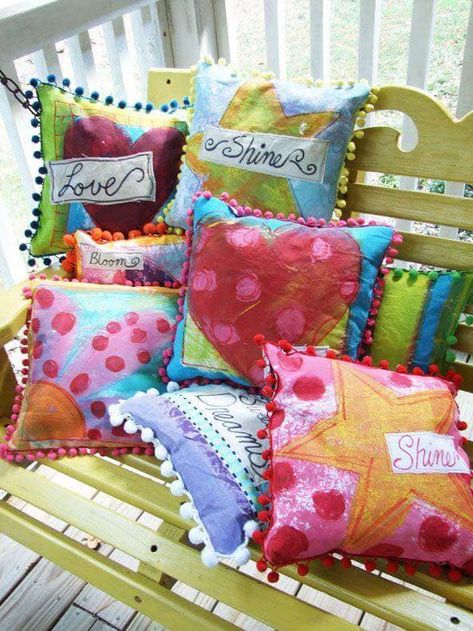 Whimsical Throw Pillows, Hand Painted Pillows Diy, Jennifer Jangles, Painted Pillows, Jewel Colours, Stenciled Pillows, Hand Painted Pillows, Colorful Cottage, Creative Pillows