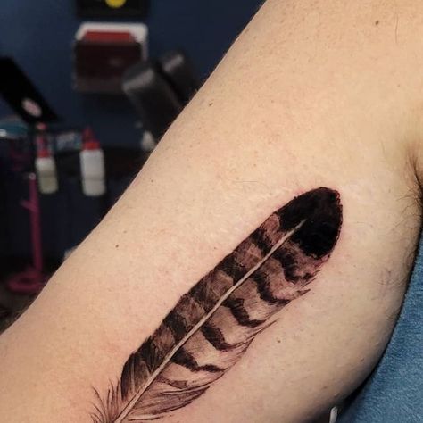 Redtail Hawk Feather Tattoo, Red Tailed Hawk Feather Tattoo, Feather Tattoo On Arm, Western Feather Tattoo, Yallternative Tattoo, Pheasant Feather Tattoo, Turkey Feather Tattoo, Hawk Feather Tattoo, Hawk Tattoo Design