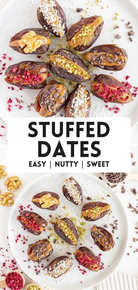 stuffed dates Keto Dates Recipes, Peanut Butter Dates Recipes, How Many Dates Should You Eat A Day, Date And Peanut Butter Recipes, Dates And Pistachios, Almond Butter Dates, Desserts With Dates As Sweetener, Simple Date Recipes, Date Butter Recipe