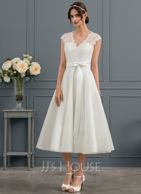 A-Line V-neck Tea-Length Satin Wedding Dress With Bow(s) (002145320) - JJ's House Satin Wedding Dress With Bow, Tea Length Wedding Dresses Lace, Wedding Dress With Bow, Beading Dress, Crystal Wedding Dresses, Tea Length Tulle, Wedding Dress Silhouette, Bow Wedding Dress, Tea Length Wedding