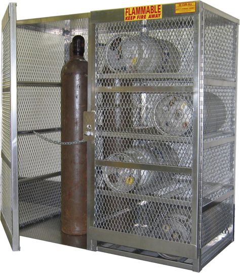 Storage for both propane and acetylene! Gas Cylinder Storage Ideas, Gas Cylinder Ideas, Propane Tank Hanger, Cooking Gas Cylinder, Propane Cylinder, Propane, Box Fan, Lockers, Locker Storage