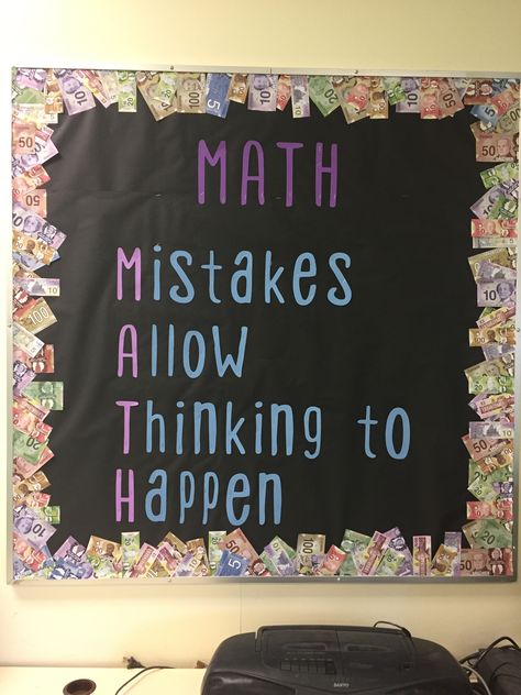 Math bulletin board Math Interventionist, Math Bulletin Boards, High School Math Classroom, Elementary Math Classroom, Math Classroom Decorations, Middle School Math Classroom, Classroom Layout, Math Intervention, Fourth Grade Math