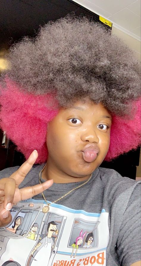 Black girl pink under dye afro Under Dye, Afro Hair Dye, Pink Peekaboo Hair, Hair Stripes, Pink And Black Hair, Skunk Stripe, Pink Hair Dye, Hot Pink Hair, Girl Hair Colors