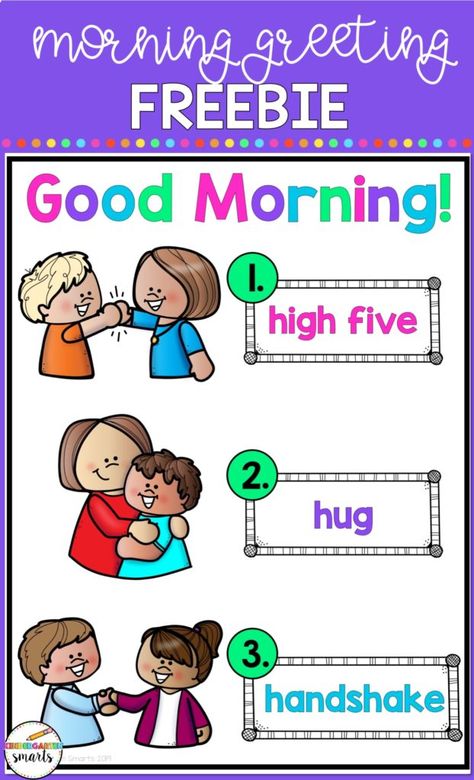 Kindergarten Morning Routine - Kindergarten Smarts Kindergarten Routines, Kindergarten Organization, Morning Work Activities, Preschool Room, Beginning Of Kindergarten, Kindergarten Anchor Charts, Ways To Say Hello, Greeting Poster, 19 Days Manga Español