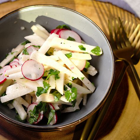 This jicama salad with apples is light, crisp, tart, and refreshing. It's quick and easy to make, perfect for a light lunch or summer cookout. #jicama #apples #salad #cookout #BBQ #slaw #light | alittleandalot.com Bbq Slaw, Apples Salad, Easy Cheese Enchiladas, Jicama Recipe, Jicama Salad, Apples And Honey, Jicama Slaw, Salad With Apples, Honey Lime Dressing