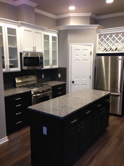 White upper cabinets with espresso lower cabinets.  Love the contrast. Love our new house Espresso Kitchen Cabinets Farmhouse, White Upper Cabinets Dark Lower, Kitchen Cabinets Farmhouse, Dark Lower Cabinets, Espresso Cabinet, White Upper Cabinets, Rustic Farmhouse Kitchen Cabinets, Espresso Kitchen Cabinets, Lower Cabinets