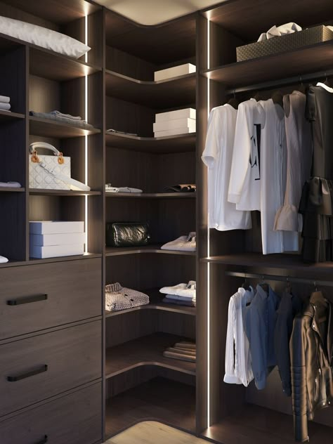 Narrow Closet Design, Corner Wardrobe Closet, Luxury Closets, Closets Design, Corner Wardrobe, Walk In Closet Design, Wardrobe Interior, Walking Closet, Closet Design Layout