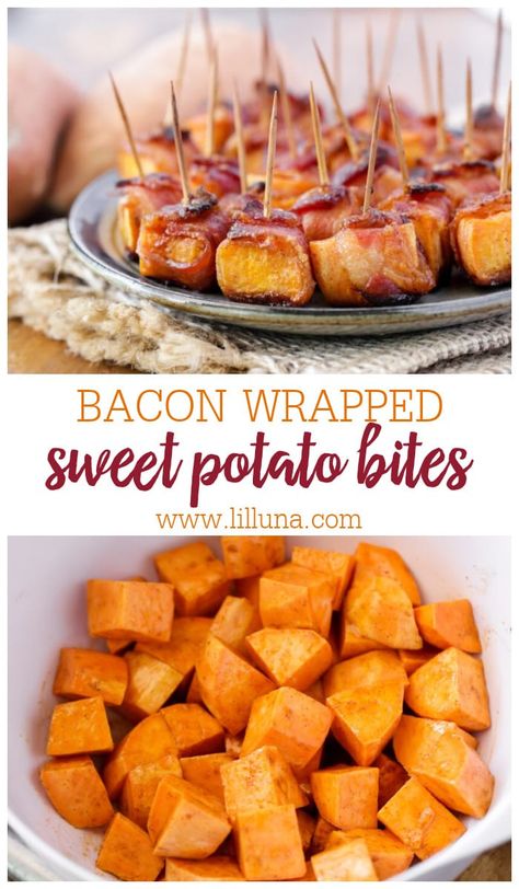 Tender Bacon Wrapped Sweet Potato Bites are packed with sweet and savory flavor with just a hint of spice! #appetizer #bacon #sweetpotatoes Orange Color Party Food, Sweet Potato Apps, Colour Board Night, Orange Color Party, Sweet Potato Appetizer, Color Party Food, Orange Snacks, Sweet Potato Appetizers, Fall Punch Recipes