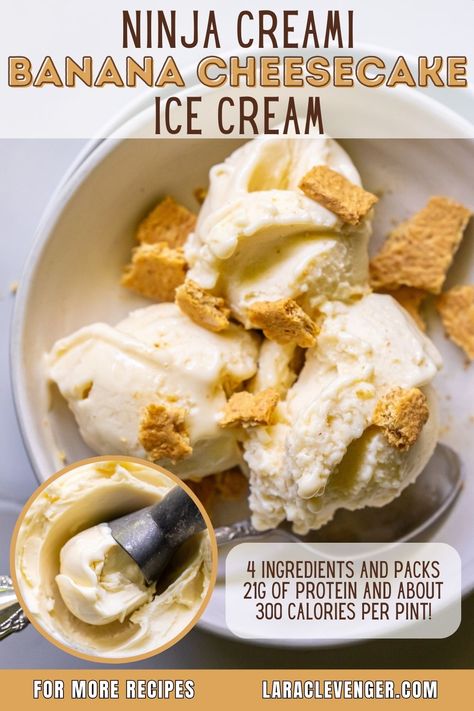 This Banana Cheesecake Ice Cream comes out super creamy with the Ninja Creami ice cream maker. It only has 4 ingredients and packs 21g of protein and about 300 calories per pint! Ninja Creami Cheesecake Ice Cream, Ninja Creami Ice Cream Recipe, Ninja Creami Ice Cream Recipes High Protein Low Cal, Cheesecake Ninja Creami, Ninja Creami Protein Ice Cream Recipe, Ninja Creami Ice Cream Recipes, Banana Pudding Ice Cream, Cheesecake Ice Cream Recipe, Ninja Creami Recipes