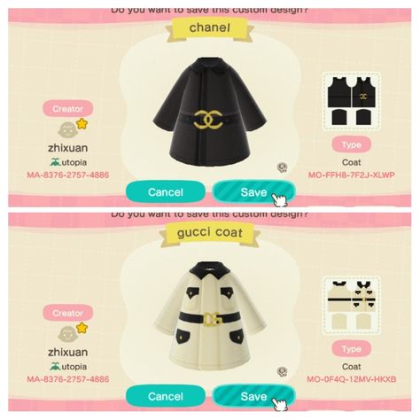 Animal Crossing Chanel Clothes, Animal Crossing Chanel, Animal Crossing Clothing Designs, Animal Crossing Outfit Codes, Animal Crossing Hair, Chanel Inspired Outfit, Animale Crossing, Acnh Fashion, Money Clothes