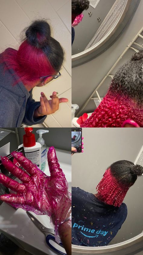 Different Types Of Hair Dye Styles, Pink Sunk Strip Hair, Snuck Strips Hair, Sunset Dyed Hair, Stunk Strip Hairstyles, Pink And Ginger Hair, Pink Natural Hair, Skunk Strip, Adore Hair Dye