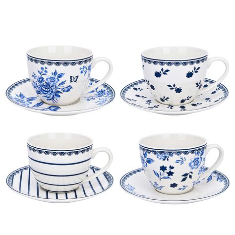 PRICES MAY VARY. Material: Bone china. Made in : China. Set Contains : 4 cups, 4 saucers Capacity : 8.8 fl oz (260 ml). Diameter : Saucer - 6.1" (15.5 cm). Care & Use : Dishwasher safe - Microwave safe Our Blue-and-White collection incorporates both graphic and floral motifs. This stylish combination will always be original and will look great in any interior. The new Mix & Match trend will let you put together a tea or dinner set with various items from our Vintage Indigo collection. The cobalt Tea Cup Design, Indigo Floral, Pretty Tea Cups, Bone China Tea Cups, Good Bones, Vintage Indigo, China Tea Cups, China Cups, Floral Tea