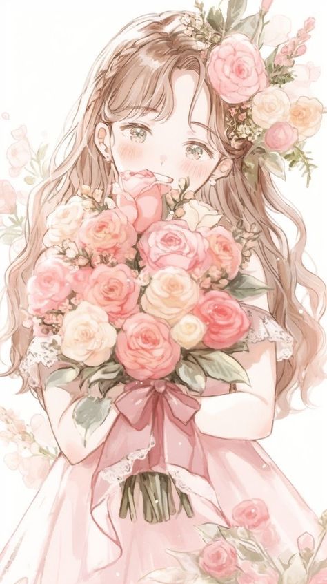 Holding A Bouquet Of Flowers, Anime Brown Hair, Flower On Head, Anime Flower, Holding A Bouquet, A Bouquet Of Flowers, Anime Pixel Art, Anime Princess