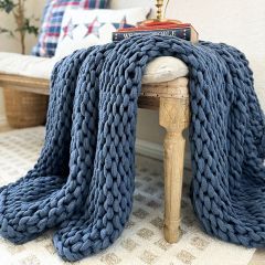 Farmhouse & Shabby Chic Throws | Antique Farmhouse Blue Chunky Blanket, Blue Chunky Knit Blanket, Giant Knit Blanket, King Size Blanket, Antique Lanterns, Patterned Chair, Chunky Knit Throw, Knit Throw, Chunky Blanket