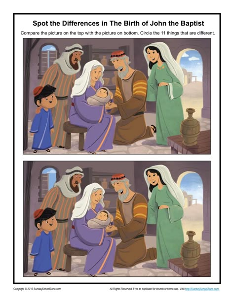 The Birth of John the Baptist Spot the Differences Birth Of John The Baptist Craft, Jesus Crafts For Kids, Birth Of John The Baptist, Sunday School Activities For Kids, School Activities For Kids, Childrens Bible Activities, Printable Bible Activities, John Baptist, Christmas Sunday School