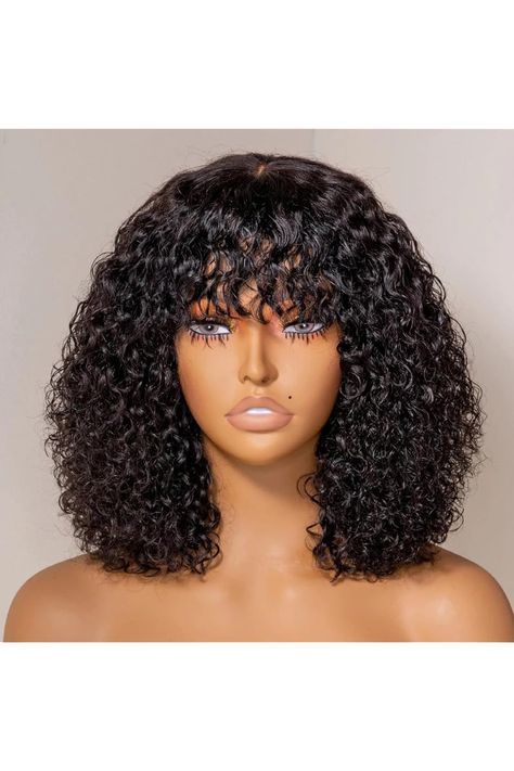 Wear and Go Curly Bob Human Hair Wig with Bangs Glueless Full Machine Made 180% Density Short Curly Bob Wigs Human Hair Non Lace Front Wigs with Bangs (10inch, Black) Curly Bob With Bangs Black Women, Curly Hair Wig With Bangs, Curly Human Hair Wigs With Bangs, Curly Bob Wig With Bangs, 12inch Curly Bob Wig, Lace Front Wigs With Bangs, Short Curly Bob, Curly Bob Wigs, Wigs Human Hair