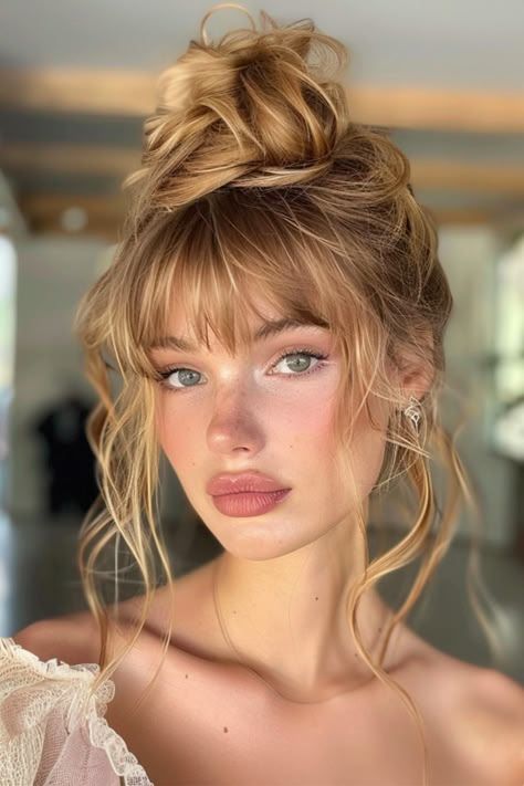 Rooted Blonde With Bangs, Beach Hairstyles Bangs, Elegant Hair With Bangs, Bang Updo Hairstyles, Bride Bangs, Trendy Hairstyles With Bangs, Wedding Hairstyles With Bangs, Blonde Bangs, Blonde Hair With Bangs