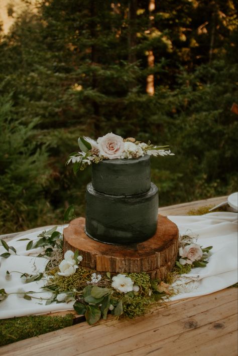 Dark green two tier wedding cake Brooklyn And Bailey Wedding, Forest Green Wedding Cake, Dark Green Wedding Cake, Forest Green Wedding Cakes, Dark Green Wedding Cakes, Wedding Cake Dark, Wedding Cake Forest, Brown Wedding Themes, Enchanted Forest Wedding Theme