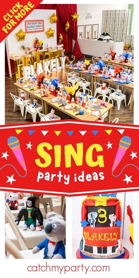 Check out this fun Sing-themed birthday party! The cookies are fantastic! See more party ideas and share yours at CatchMyParty.com Sing Party Favors, Sing Theme Party, Sing 2 Party Decorations, Sing The Movie Birthday Party Ideas, Sing Movie Birthday Party, Sing Birthday Theme, Sing 2 Party Ideas, Sing 2 Birthday Party Ideas, Sing Movie Party Ideas