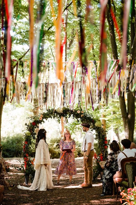 Bride and Groom stand at top of a colourful aisle during their woodland wedding Wedding In Woods, Red Wood Forest Wedding, Vibrant Woodland Wedding, Aldea Weddings In The Woods, Redwood Grove Wedding, Wood Gardens, Woods Garden, Woodland Wedding Venues Uk, South Wedding