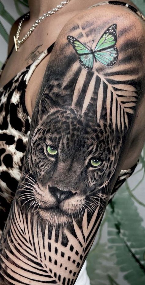 Animal Themed Tattoo Sleeve, Feminine Jaguar Tattoo, Leopard Sleeve Tattoo Women, Jaguar Sleeve Tattoo, Black Jaguar Tattoo For Women, Jaguar Arm Tattoo, Jungle Animals Tattoo, Jungle Tattoo Ideas For Women, Jungle Sleeve Tattoo Women