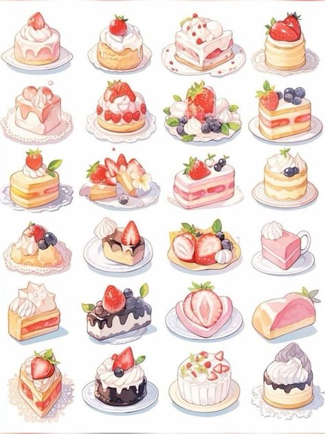 Dessert Art Drawing, Cute Dessert Drawings, Cake Drawing Aesthetic, Sweets Drawing, Digital Art Inspiration, Japanese Food Illustration, Desserts Drawing, Food Art Painting, 귀여운 음식 그림