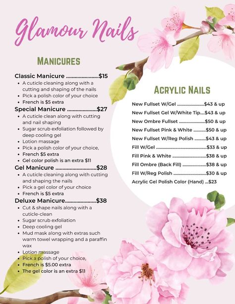 Blooming Flowers Nail Salon Template - Edit in Canva Nail Salon Price List, Nail Salon Prices, Medical Esthetician, Nail Picking, Salon Price List, Summer Pedicure, Pedicure Colors, Spa Business, Glamour Nails