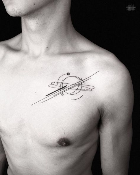 Artist Inspired By Nature And Geometric Shapes Creates Perfect Minimalist Tattoos Abstract Tattoo Back, Saturn Tattoo Design, Turkish Tattoo, Simple Line Tattoo, Planet Tattoo, Saturn Tattoo, Tatuagem Masculina Pequena, Summer List, Omerta Tattoo