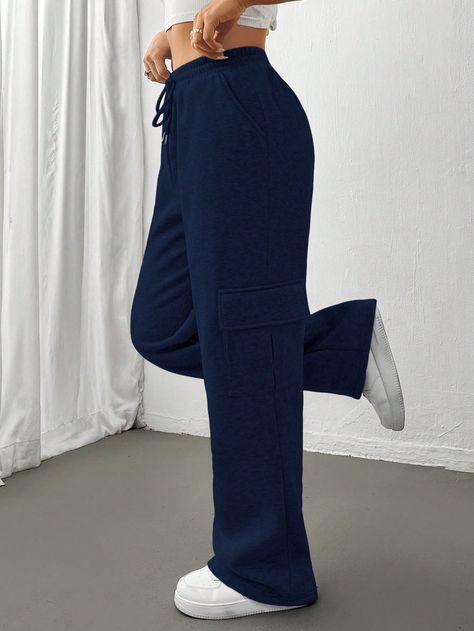 Navy Blue  Collar  Knitted Fabric Plain Straight Leg Embellished Slight Stretch  Women Clothing School Clothes List, Reggaeton Dance, Navy Blue Sweatpants, Straight Sweatpants, Women Sweatpants, Cargo Sweatpants, Blue Sweatpants, Sweatpants Outfit, School Clothes