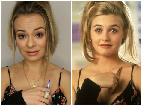 Mug Makeover: Clueless (Cher Horowitz) Edition | Gloss and Dirt Clueless Makeup Looks, Cher Clueless Hair Tutorial, Cher Clueless Makeup, Cher Clueless Hair, Cher Horowitz Hair, Clueless Makeup, Step Hairstyle, Clueless Cher, Beach Waves Hair Tutorial