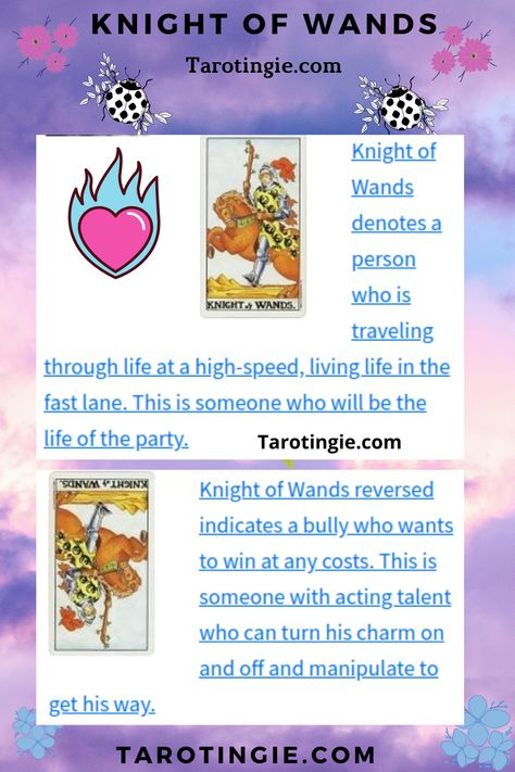 Knight of wands in general, love, career, feelings, yes/no, personality, upright an reversed. Click on image to learn more. #knightofwands #tarotingie Knight Of Wands Reversed, Knight Of Wands Tarot, No Personality, Knight Of Wands, Learning Tarot, Wands Tarot, Card Meanings, Tarot Learning, Tarot Card Meanings