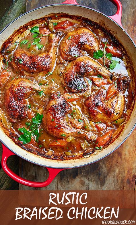 This Braised Chicken is fall-off-the-bone tender and exceptionally tasty. The chicken is braised in gravy and there is no need to thicken the sauce later. You can use the same recipe to make braised chicken thighs, drumsticks, or breasts.| ifoodblogger.com Braising Pot Recipes, Braised Chicken Quarters, Fall Supper Ideas, Ditch Oven, Oven Bakes, Chicken Laksa, Braised Chicken Recipes, Chicken With Vegetables, Chicken Breast Crockpot Recipes