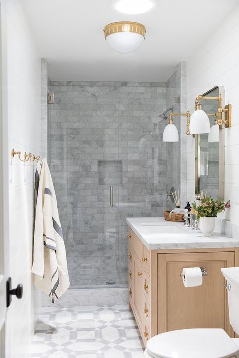 flush mount fixtures for bathrooms by Studio Mcgee Studio Mcgee Bathroom, Mcgee Bathroom, Grey Marble Tile, Ranch Remodel, Home Luxury, Bad Design, Small Bathroom Design, Studio Mcgee, Marble Bathroom