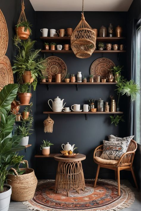 Cozy nook with hanging plants, wicker furniture, and rustic kitchenware on dark walls. Cafe Boho Coffee Shop, Boho Style Coffee Shop, Coffee Bar Boho Style, Bohemian Coffee Corner, Bohemian Coffee Shop, Coffee Nook Ideas, Barn Conversion Kitchen, Coffee Nooks, Coffee House Decor