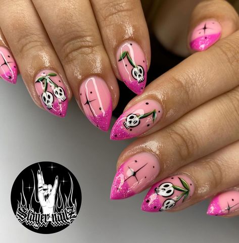 Eleza🥀 | Girly pop skull cherries!!✨💖 Thank you @dannicourts!! Inspo by @nailsbloodynails!✨ Brands used: @candy.coat, @nailorder💖 Time taken: 2… | Instagram Nail Designs For Halloween, Skull Cherries, Cherry Nail Art, Scary Nails, Bat Nails, Horror Nails, Skull Nails, Girly Pop, Taken 2