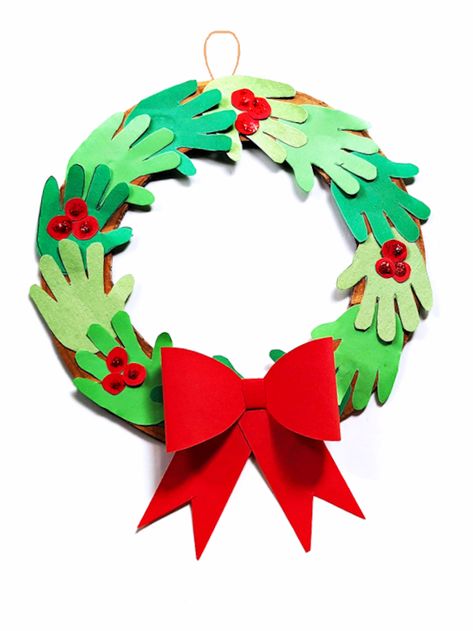 Handprint Christmas Wreath Craft Christmas Wreath Crafts For Toddlers, Christmas Arts And Crafts For Kids Ornaments, Hand Wreath Craft Kids, Construction Paper Crafts Christmas, Christmas Wreath For Kids, Handprint Christmas Wreath, Holly Crafts, Cardboard Wreath Form, Christmas Tree Wreath Diy