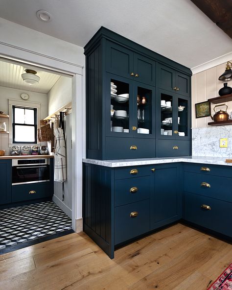 Navy Kitchen with a Stunning Built-in – Semihandmade Slab Kitchen Cabinets, Navy Kitchen Cabinets, Navy Blue Kitchen Cabinets, Cottage Remodel, Navy Cabinets, Portland House, Navy Blue Kitchen, Navy Kitchen, Blue Kitchen Cabinets