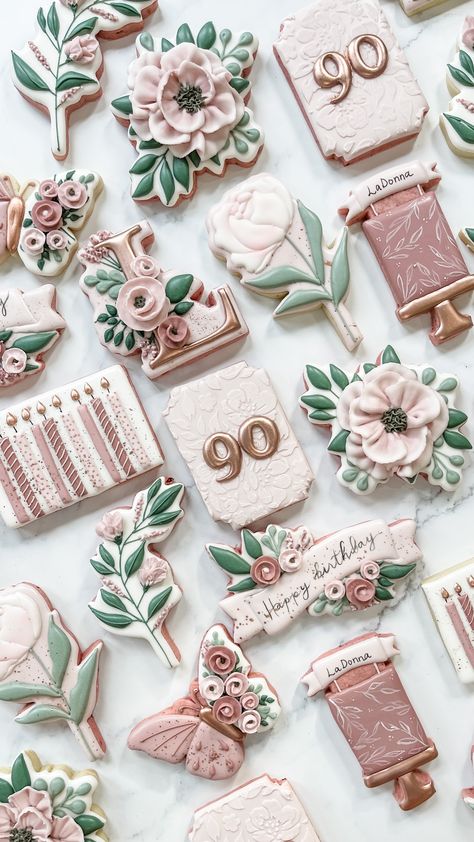 Pink And Gold Birthday Cookies Decorated, 80 Th Birthday Cookies, Pink And Green Cookies Decorated, Elegant Birthday Cookies For Women, Pink Flower Cookies Decorated, 90th Birthday Royal Icing Cookies, 95th Birthday Decorated Cookies, Rose Gold Birthday Cookies Decorated, Rose Gold Decorated Cookies