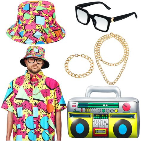 PRICES MAY VARY. 80S 90s Costumes Accessories Set: the package includes 1 piece of printed bucket hat, 1 piece of hip hop button down shirt, 1 pair of black frame sunglasses, 1 piece of gold necklace, 1 piece of gold bracelet and 1 piece of inflatable radio balloon, in total 6 pieces of hip hop costumes; They can well dress you up and match with your other rapper clothing Dress up Yourself: these 80s 90s hip hop costume accessories can match well together and make you be the focus at the party; Boys 80s Outfit, 80s Costume Men, 80s 90s Outfits, 90s Hip Hop Costume, Rapper Clothing, 90s Costumes, Rapper Costume, 80's Costume, 1980s Outfits