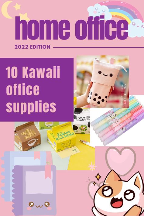 Kawaii Office Ideas, Kawaii Office Decor, Office Kawaii, Kawaii Office Supplies, Kawaii Office, Pink Office Supplies, Office Kit, Cute Desk Accessories, Cute Office Supplies