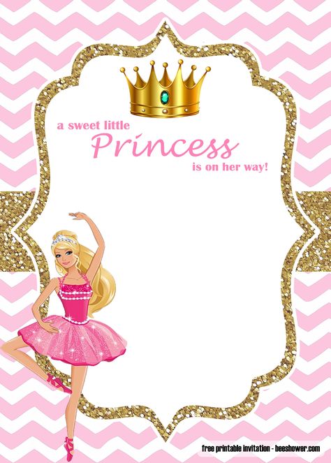 FREE Princess Barbie Baby Shower Invitations Templates Barbie Invitations Birthday, Princess Invitation Template, Invitation Card Design Princess, Barbie Blank Invitation, Princess Invitation Template Birthday, Princess Baby Shower Invitations Free, Barbie Birthday Invitations, Barbie Decorations, Barbie Invitations