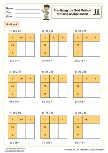 Practising the Grid Method for Long Multiplication Worksheet Year 9 Maths Worksheets, Ks3 Maths Worksheets, Year 8 Maths Worksheets, Ks1 Maths Worksheets, Year 6 Maths Worksheets, Year 2 Maths Worksheets, Year 7 Maths Worksheets, Year 5 Maths Worksheets, Year 4 Maths Worksheets