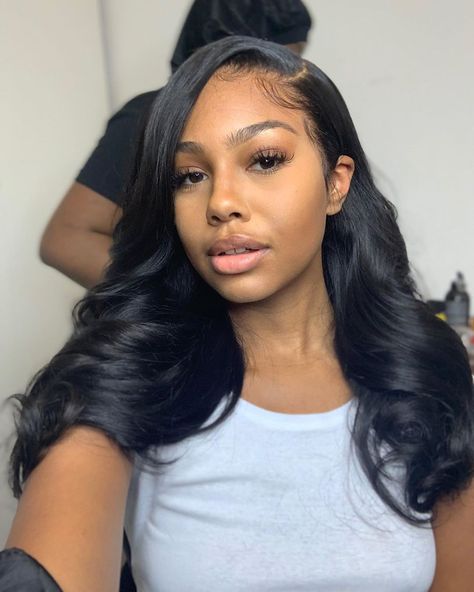 Sew In Weave With Leave Out Styles, Medium Sew In Hairstyles, Side Part Soft Curls Black Women, Side Part Blowout Natural Hair, Short Side Part Sew In, Hair Blowout Styles Black Women, Traditional Sew In Weave, Side Part Hairstyles Black Women, 18inch Sew In Weave