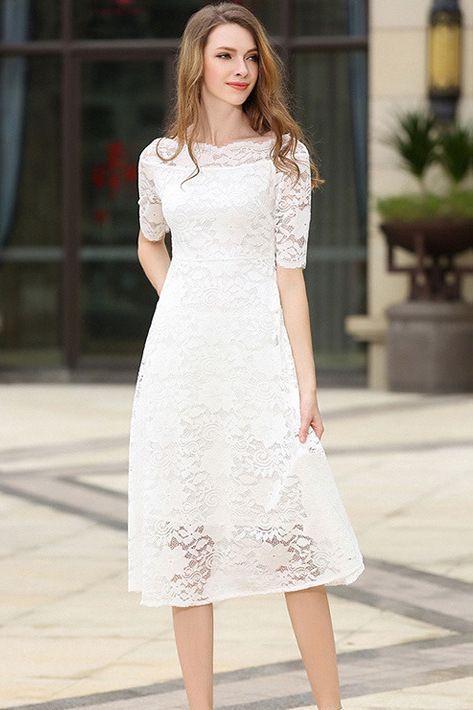 White Short Sleeves Lace Midi Dress Catholic Confirmation Dresses, Confirmation Dresses White, Catholic Confirmation, Confirmation Dresses, Lace Long Dress, Boatneck Dress, Hip Clothes, Slim Style, Boat Neck Dress